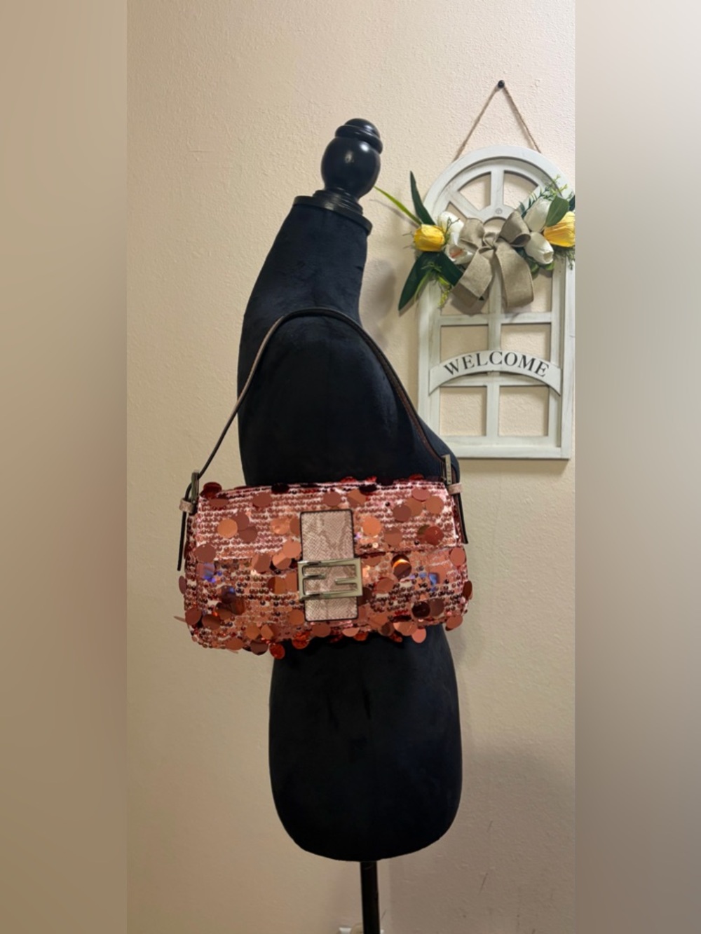 Fashion Large Pink Sequin Metallic Baguette And Italian Leather Shoulder Bag